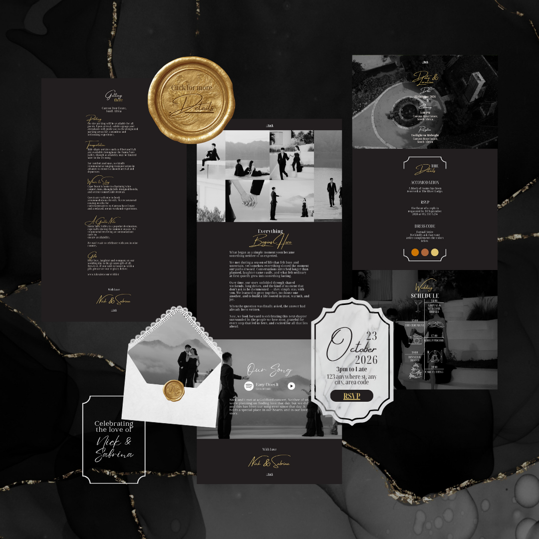 Modern Editorial Black and Gold Wedding Website
