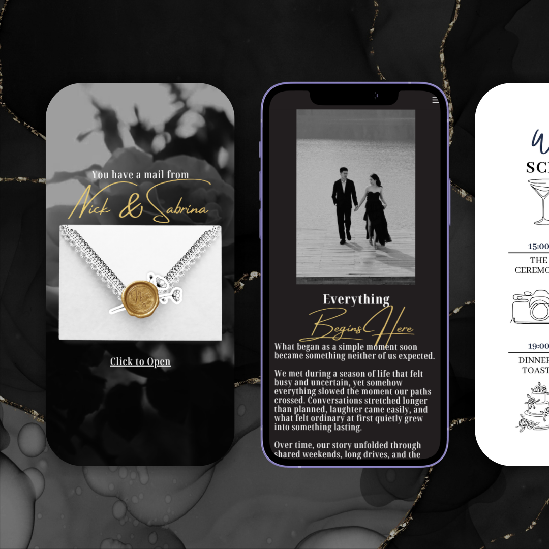 Modern Editorial Black and Gold Wedding Website