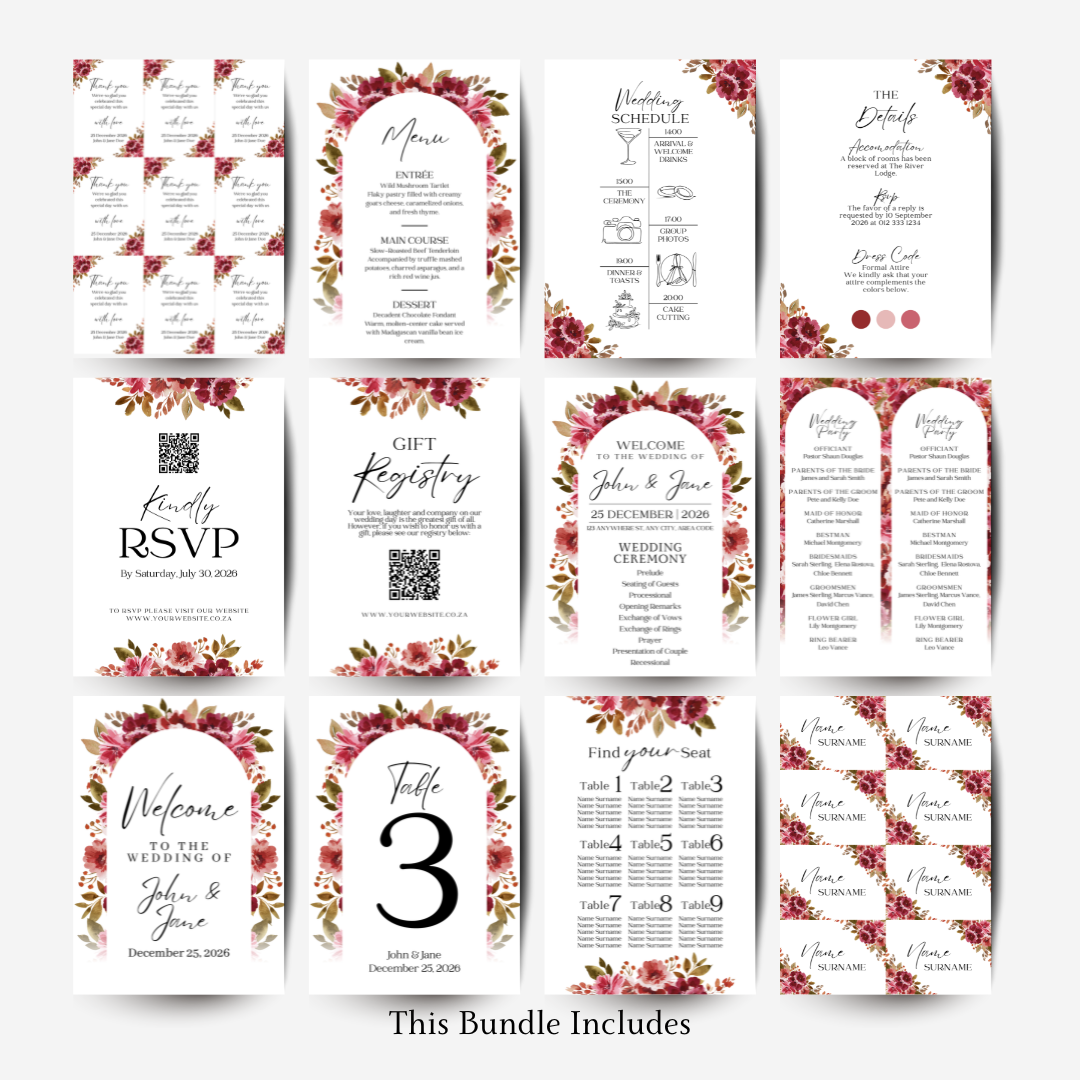 Floral Burgundy Blush DIY Wedding Stationary Bundle