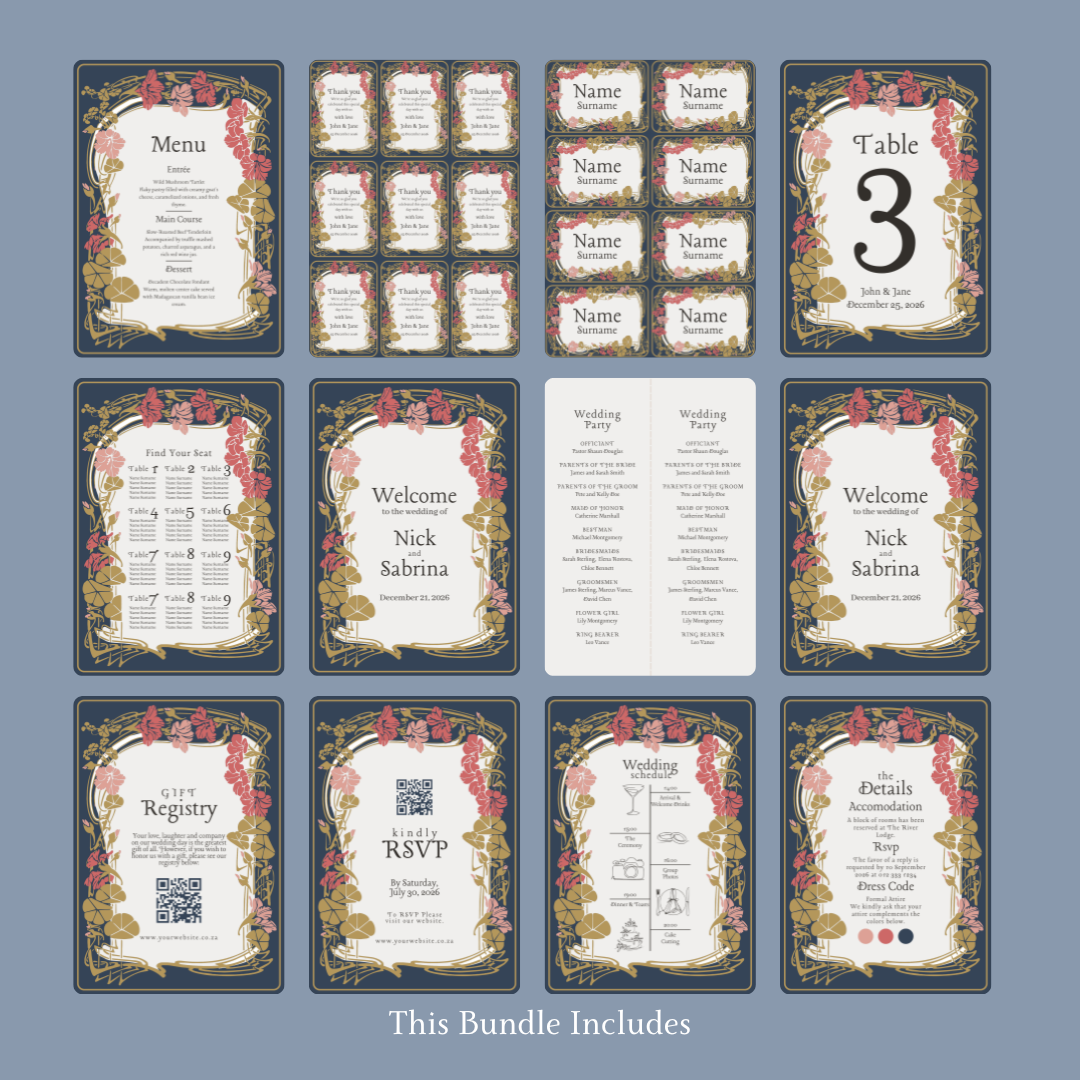 Botanical Navy & Blush DIY Wedding Stationery Bundle